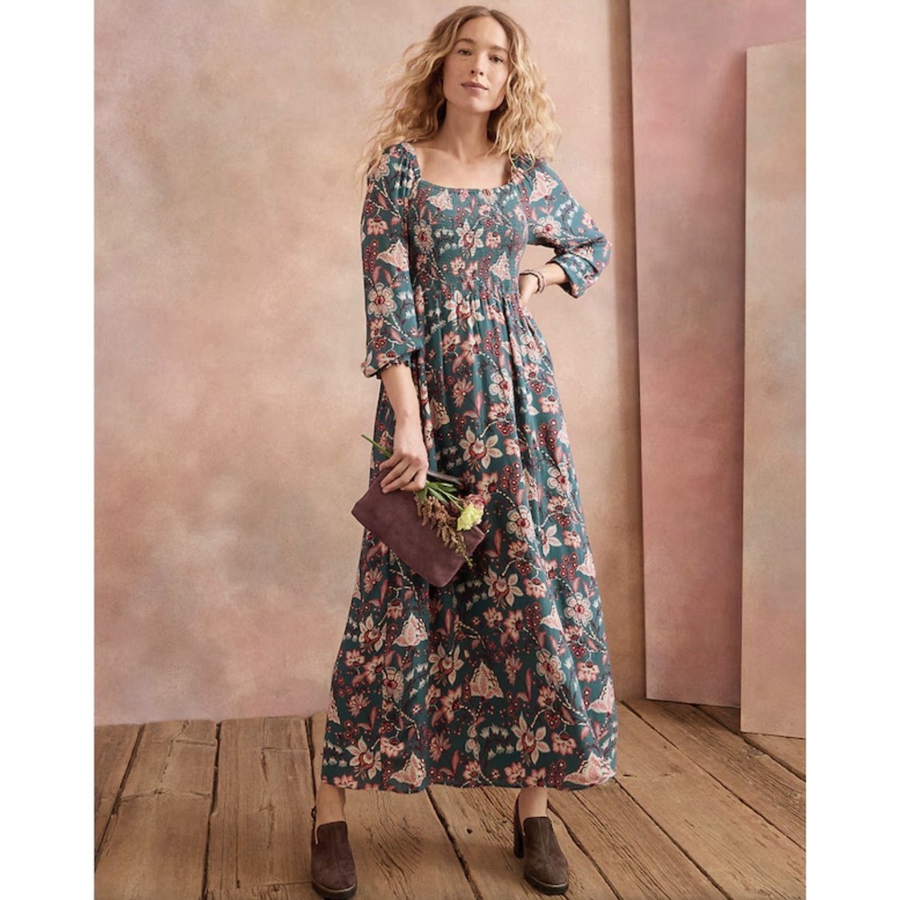 Garnet Hill Juliet Ecovera Maxi Dress Size 6 Teal Floral Boho Cottage Coquette